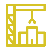 Yellow icon of a factory building with pipes and a crane.